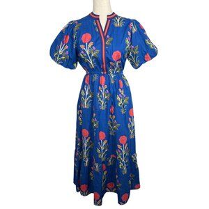 THML Puff Sleeve Floral Midi Dress Blue Sz XS NWOT